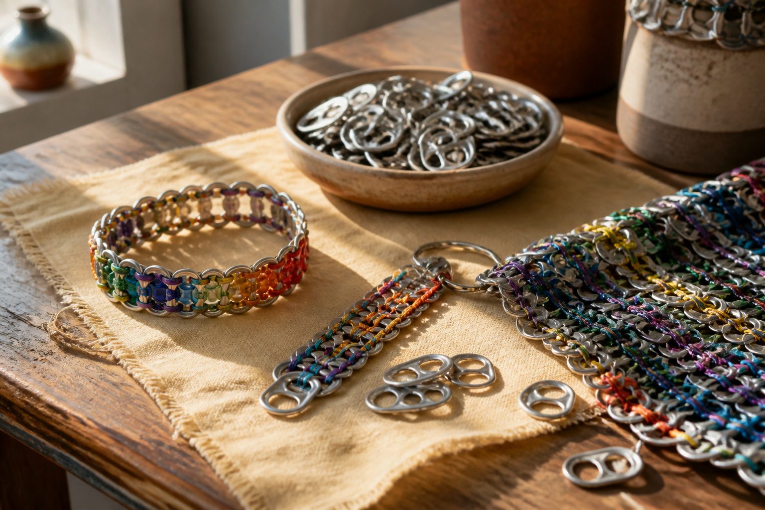 Various crafts made from aluminum soda can tabs.