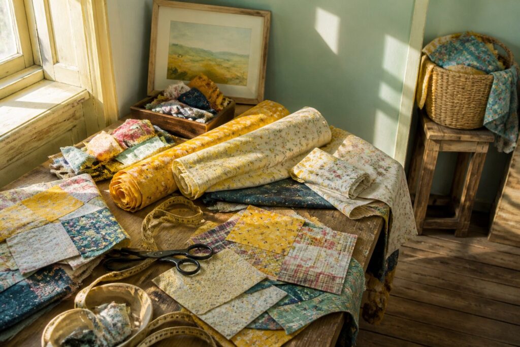 Various scrap fabric crafts displayed together, highlighting creative projects.