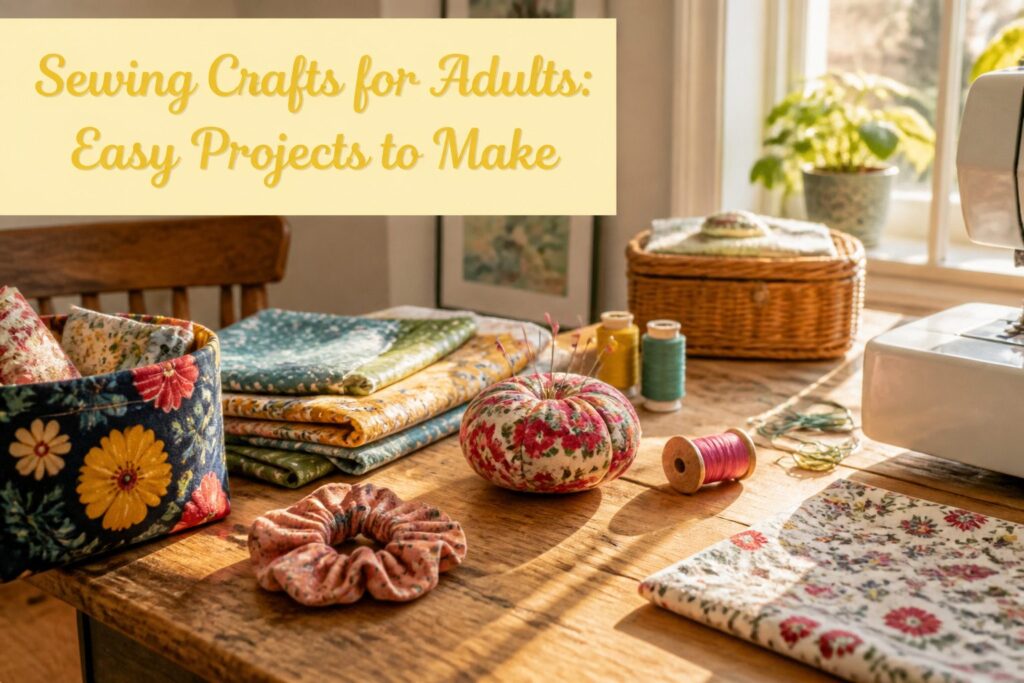 Assorted sewing projects including bags, a pillowcase, and a scarf.