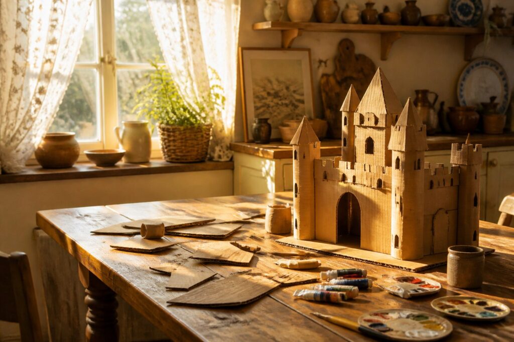 A variety of cardboard crafts including costumes and toys displayed on a table.