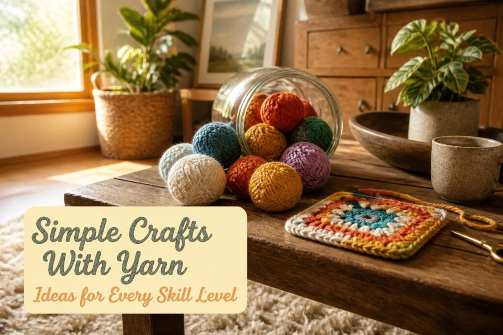 Various yarn crafts arranged on a textured surface.