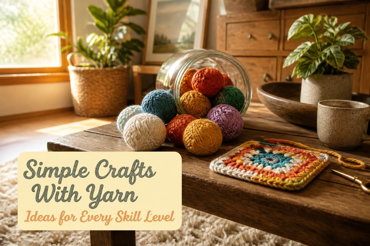 Various yarn crafts arranged on a textured surface.