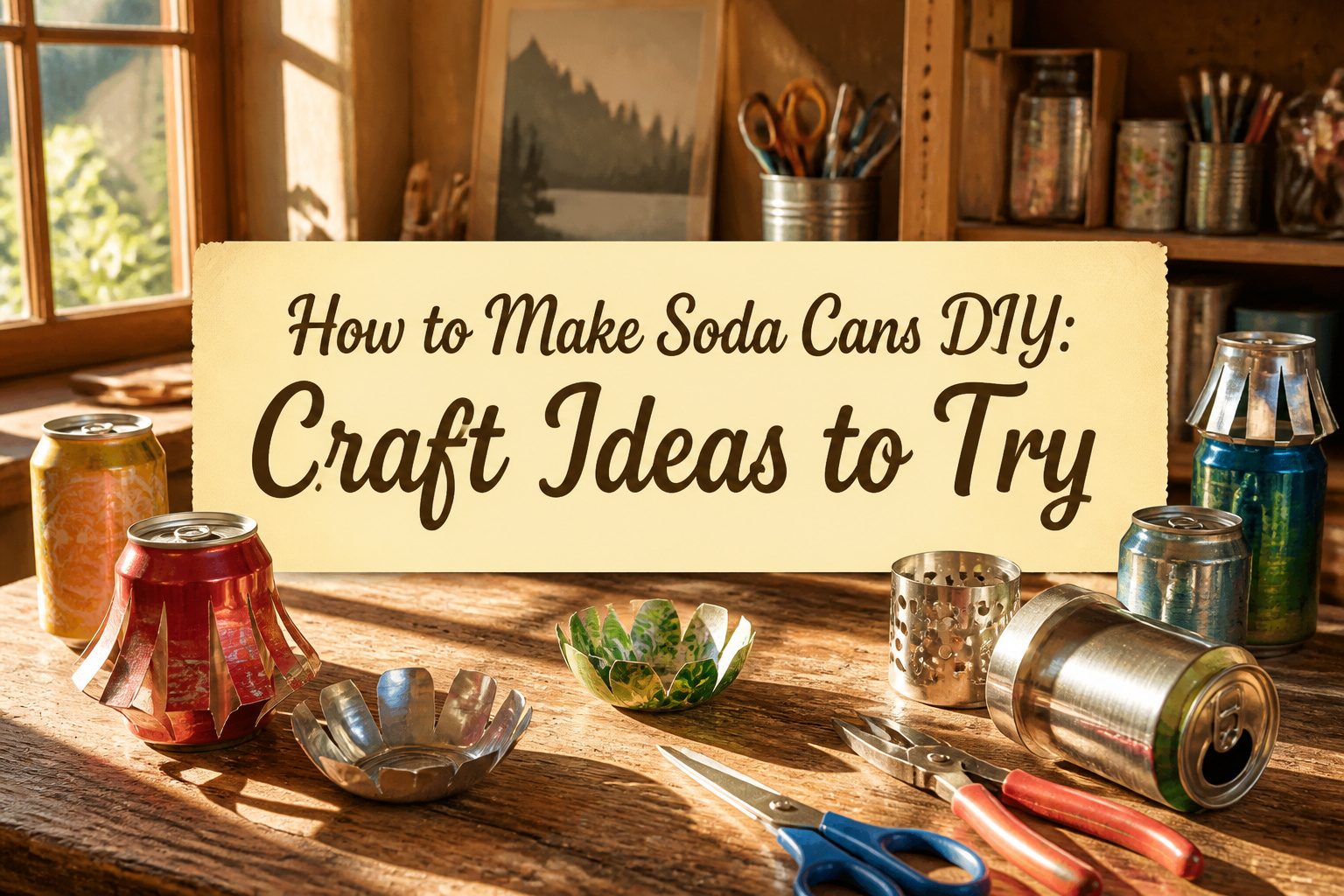 Various DIY crafts made from soda cans, including flowers and lights.