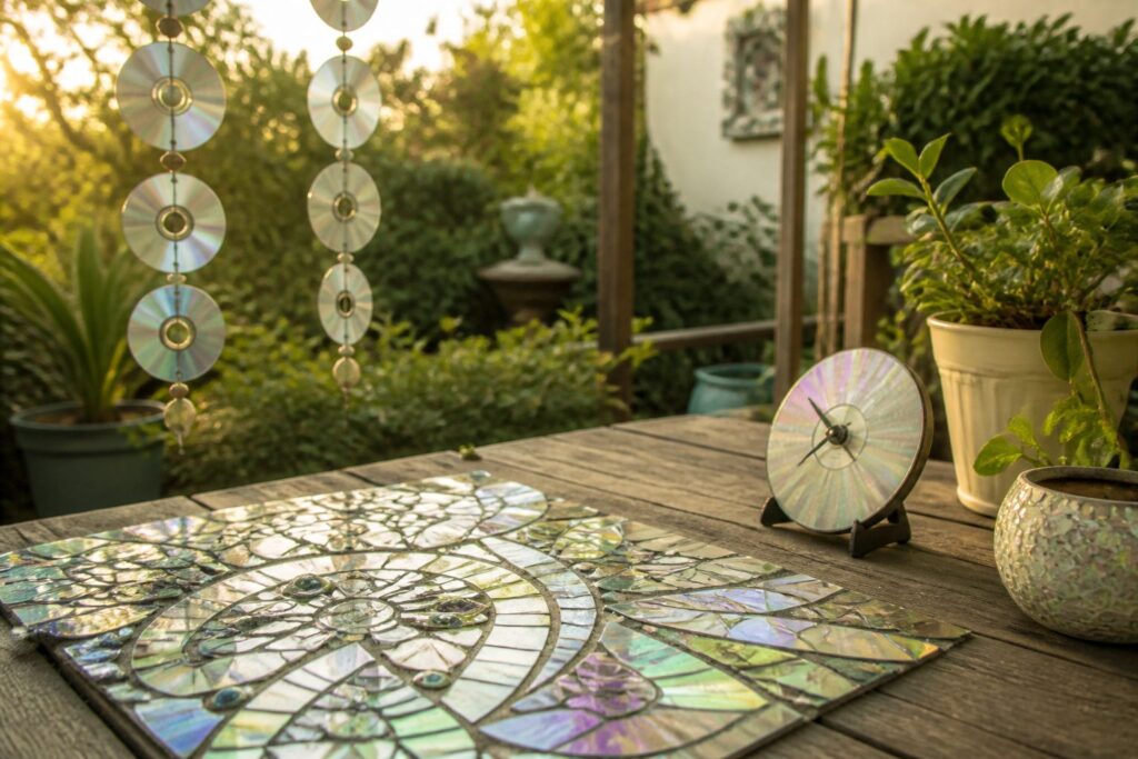 A variety of DIY projects made from old CDs displayed together.