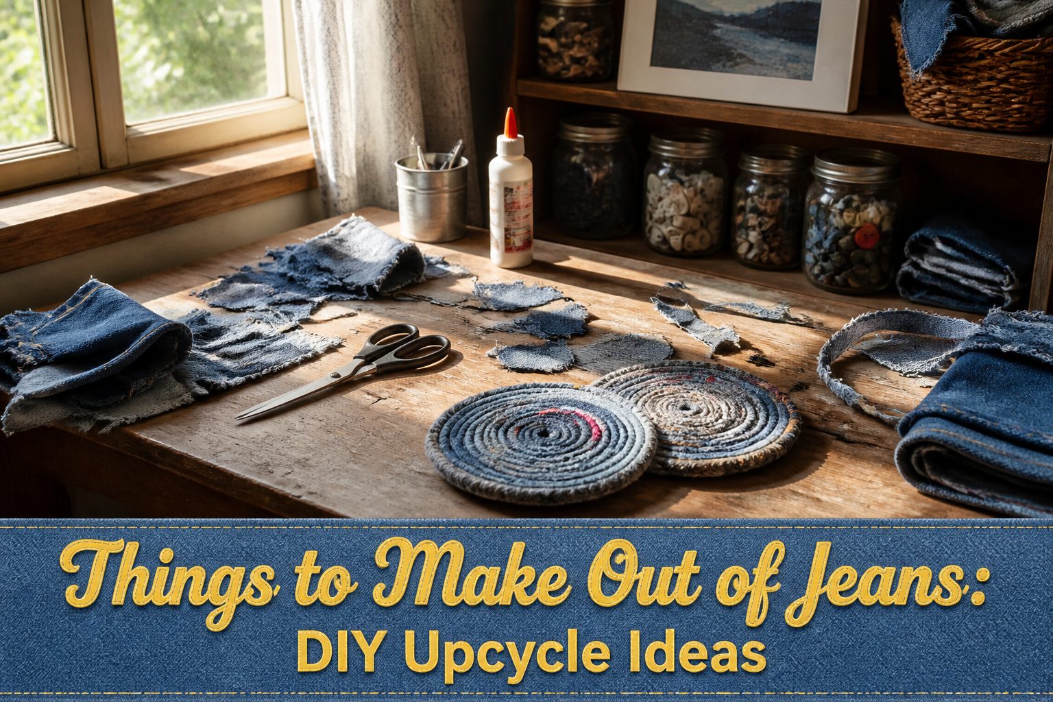 Various DIY projects made from denim, including bags, pillows, and decor.