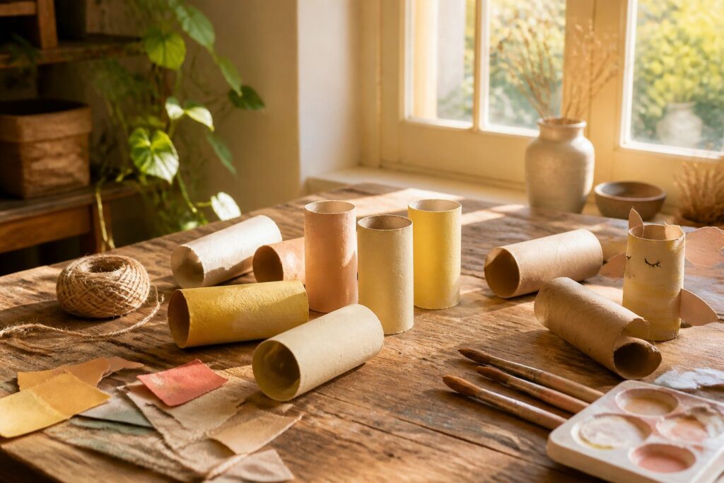 Various crafts made from toilet paper rolls displayed together.