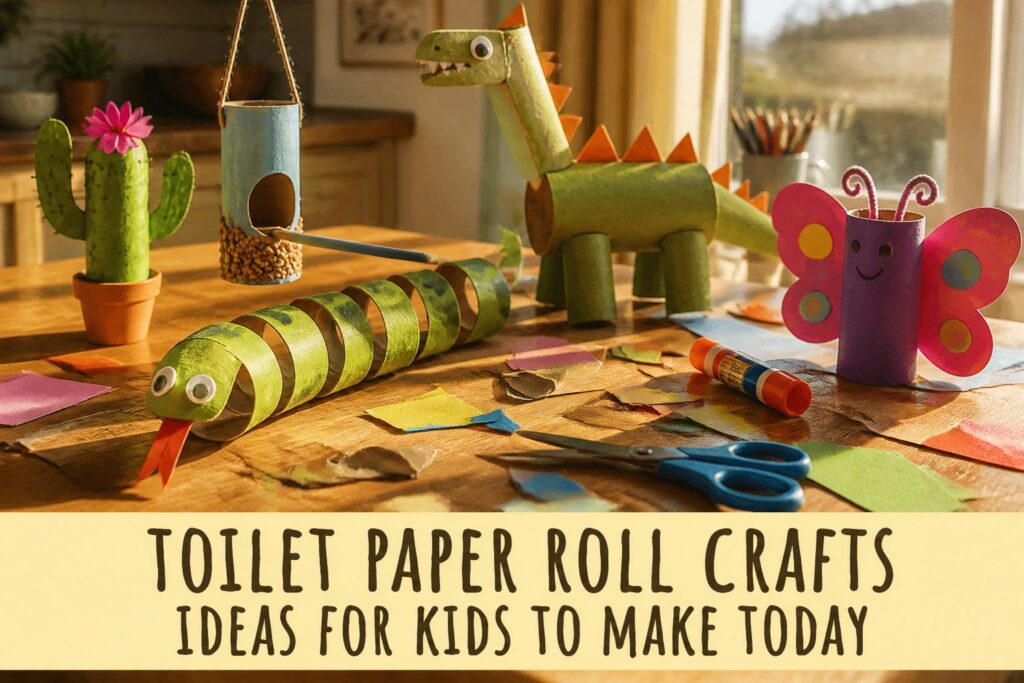 Various toilet paper roll crafts displayed on a table.