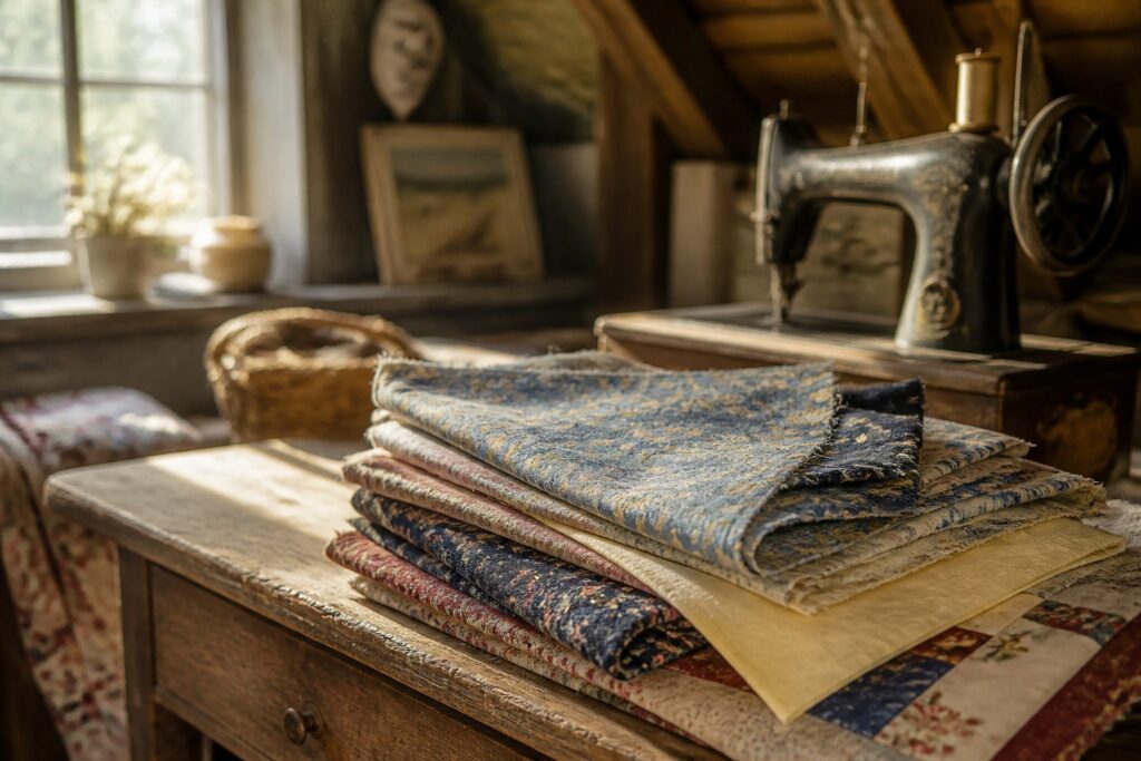 Various vintage craft projects using fabric, paper, and wax materials.