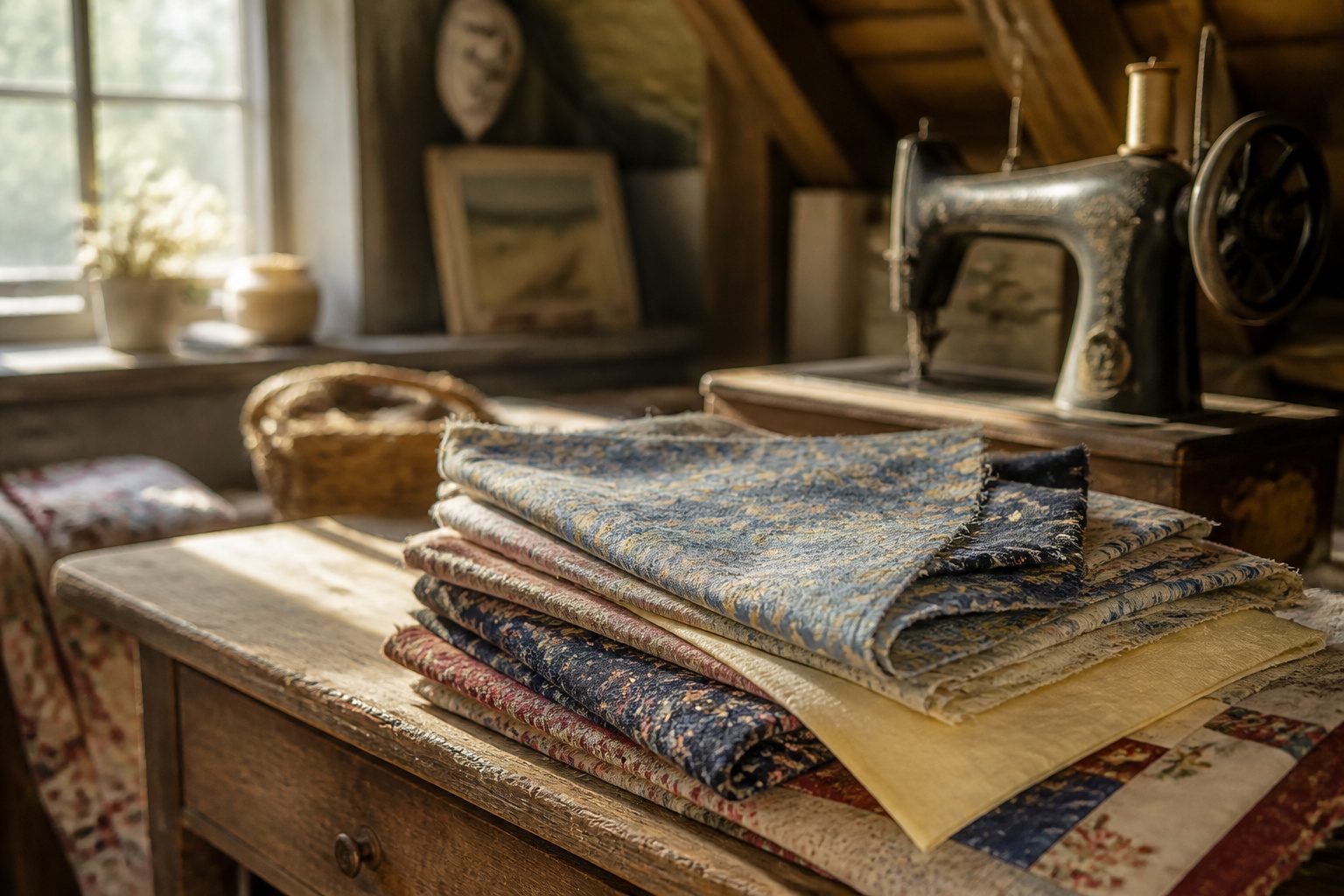 Various vintage craft projects using fabric, paper, and wax materials.